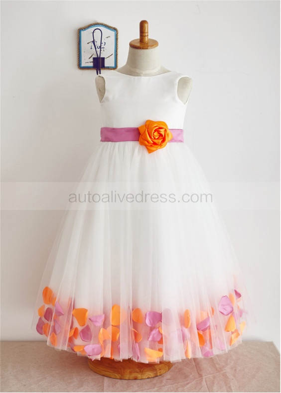 Ivory Satin Tulle Petals Knee Length Flower Girl Dress 